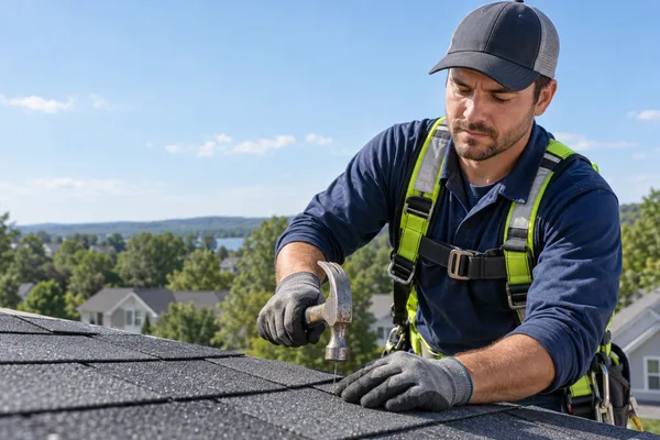 A roofer seen from the front, working on roof shingles