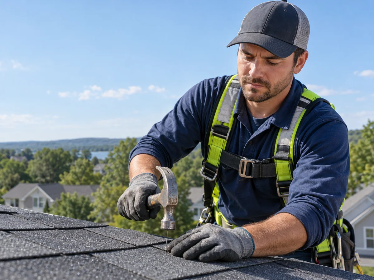 A roofer seen from the front, working on roof shingles